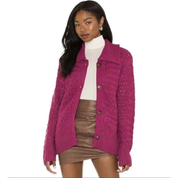NWT $161 For Love And Lemons Florence Cable Knit Oversized Cardigan Fuchsia XXS - Picture 1 of 5